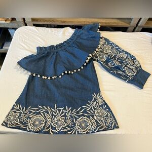 MISA Los Angeles Embroidered Denim Off Shoulder Mini Dress XS